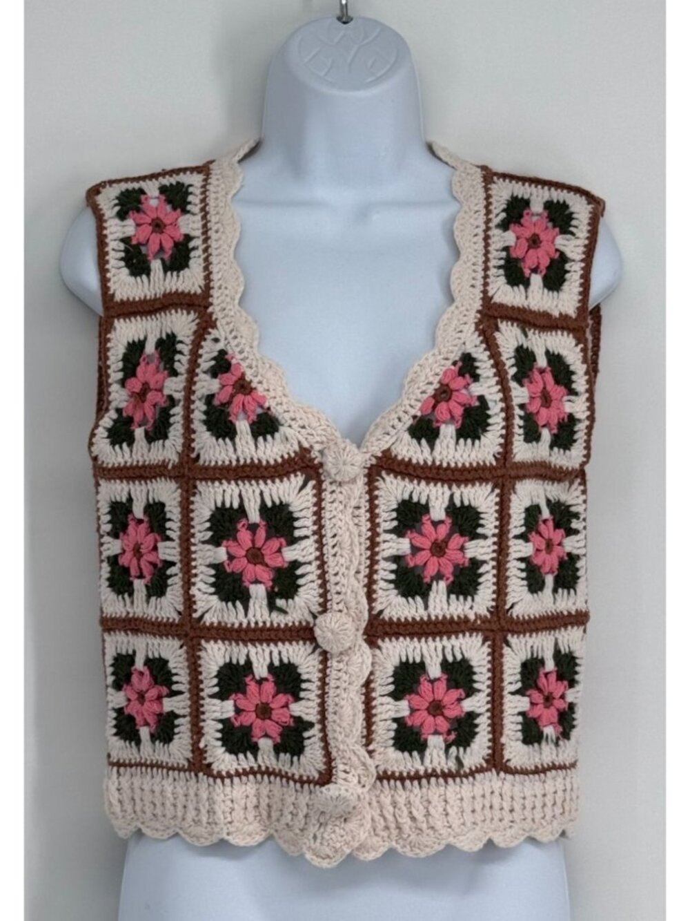 Handmade Crochet Floral Granny Square Vest M Boho Granny Core Hippie